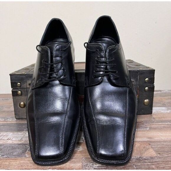 BOSS Hugo Boss Oxford Dress Shoe Size 8 Black Square Toe Lace Up Classic Mens - Picture 1 of 6